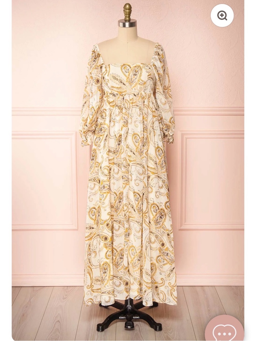 Boho Paisley Square-Neck Maxi Dress in Ivory and Gold